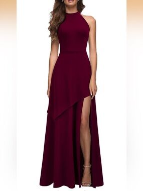 Mushare Sleeveless Burgundy High-Slit Evening Dress